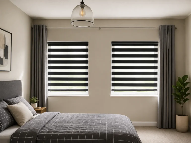 Black Vision blinds fitted to two bedroom windows with curtains.