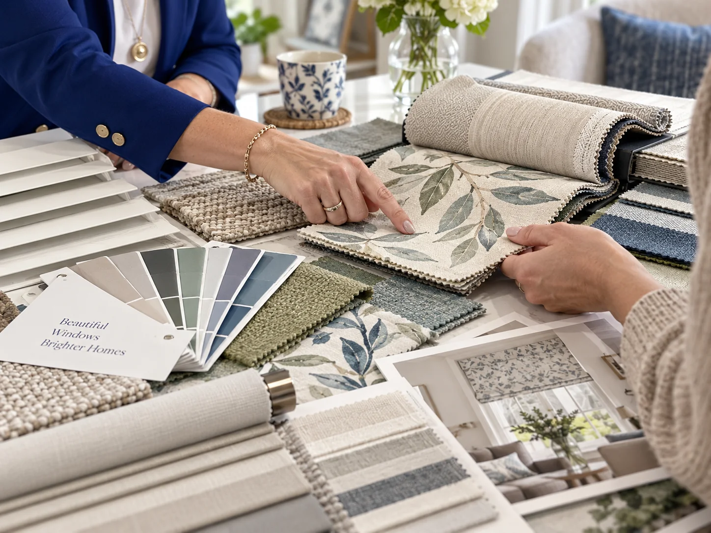 Close-up of neutral blind fabric and colour samples during a home design consultation.