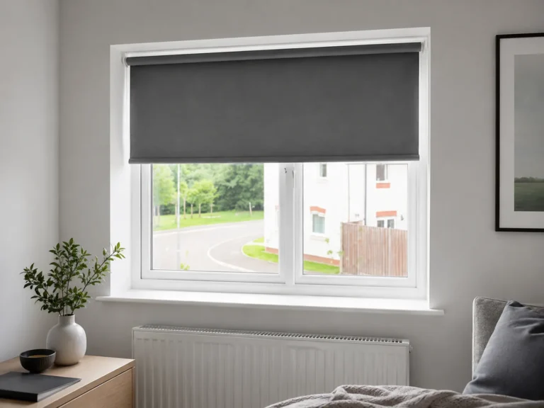 Dark grey roller blind fitted to a bedroom window.