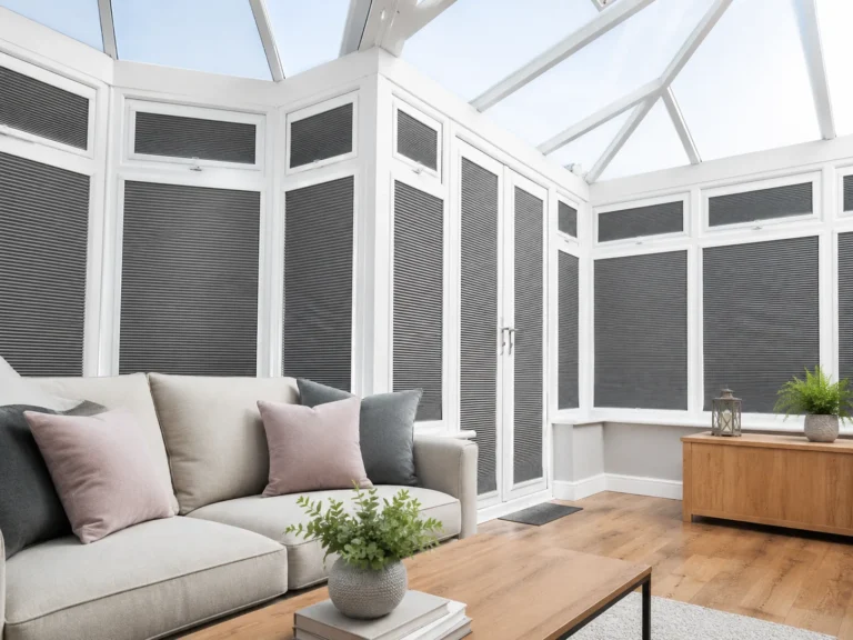 Dark pleated Perfect Fit blinds fitted within multiple conservatory frames.