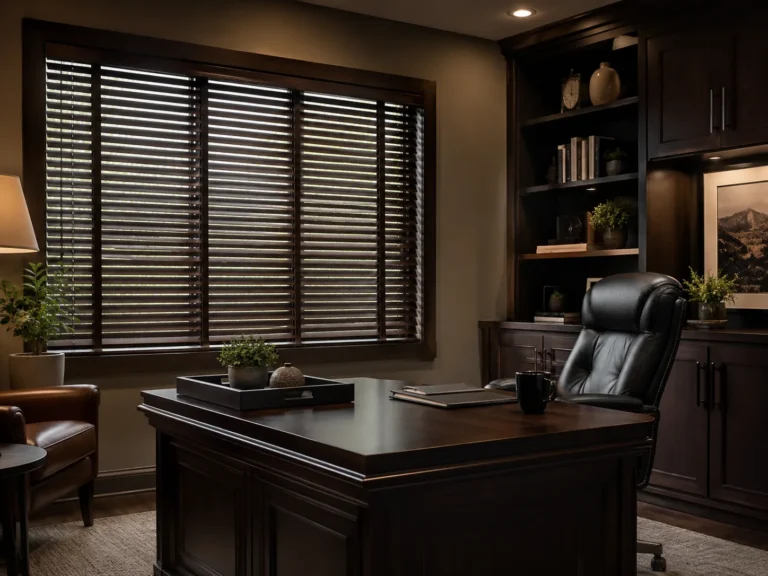 Dark wooden blinds controlling daylight in a home office.