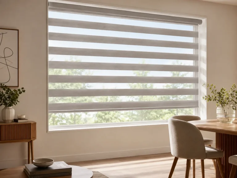Day and Night blind aligned to admit filtered daylight in a living/dining room.