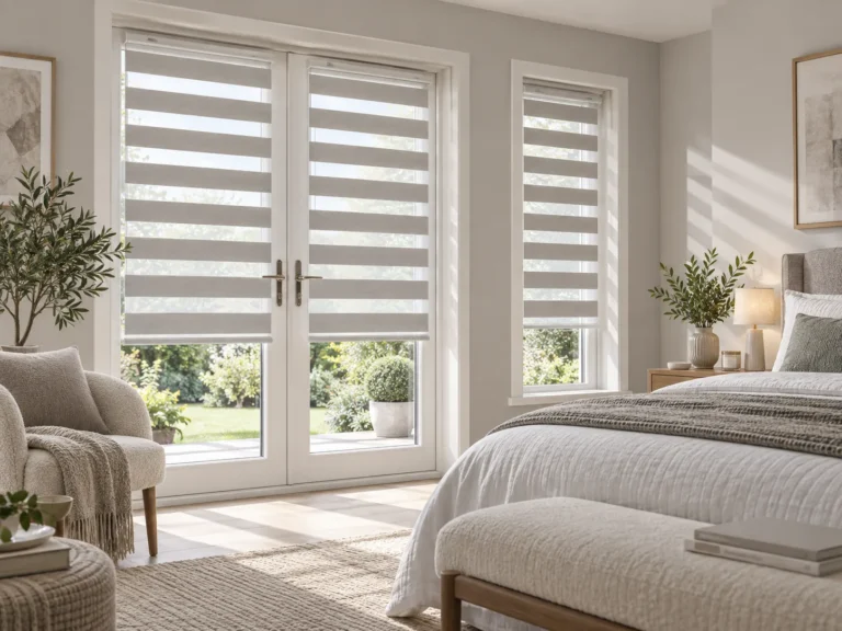 Grey Day and Night blinds fitted to bedroom windows in a bright neutral interior.