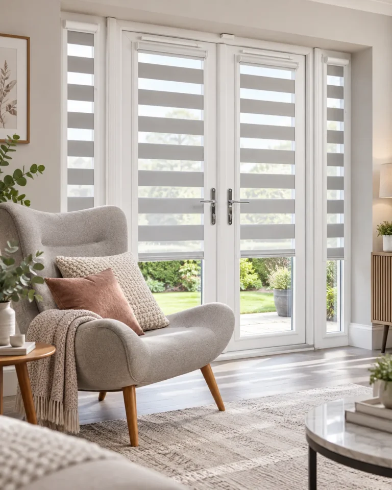 Day and Night blinds fitted to tall windows in a bright reading nook.