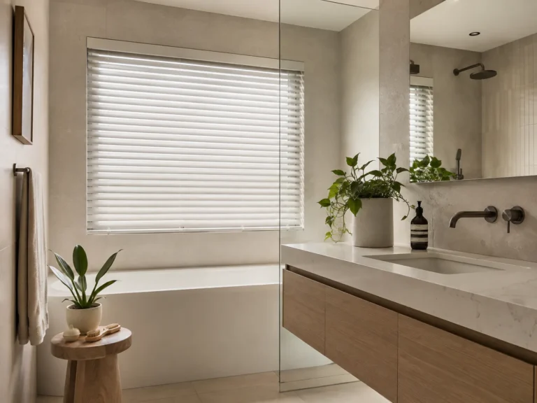 White faux-wood blinds fitted to a modern bathroom window.