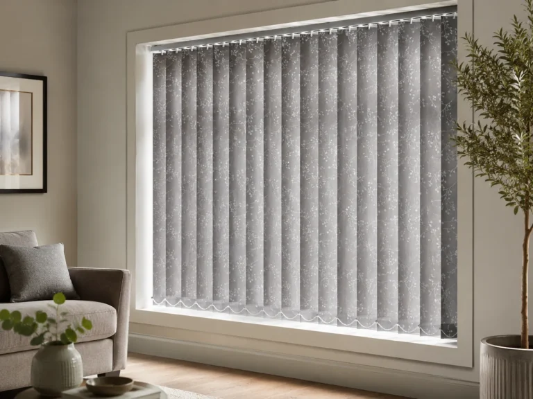 Grey patterned vertical blinds fitted across a wide living-room window.