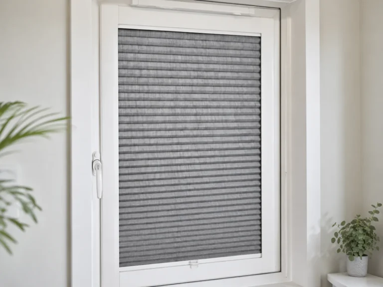 Grey pleated Perfect Fit blind fitted neatly within a white window frame.