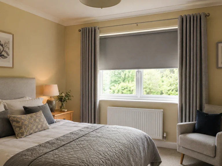 Grey roller blind fitted between curtains in a warm bedroom.