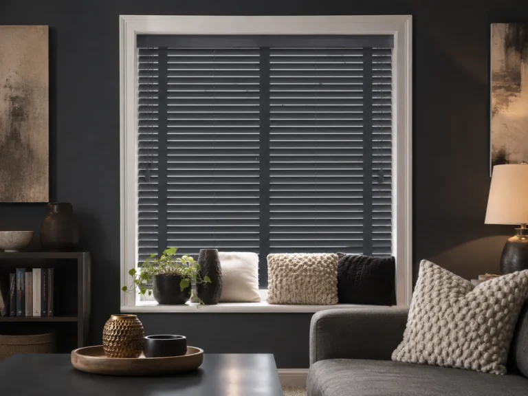 Grey Venetian blinds in a dark contemporary living room.