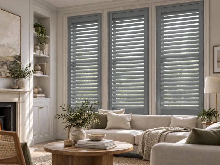 Grey plantation shutters fitted to tall living-room windows.