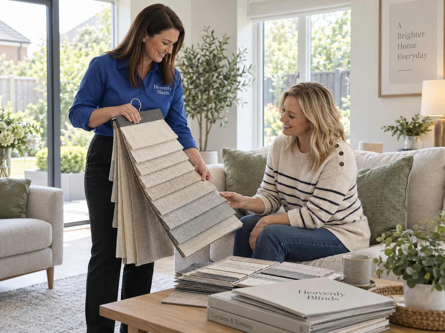 Heavenly Blinds consultant showing neutral blind fabric samples to a homeowner in a bright living room.