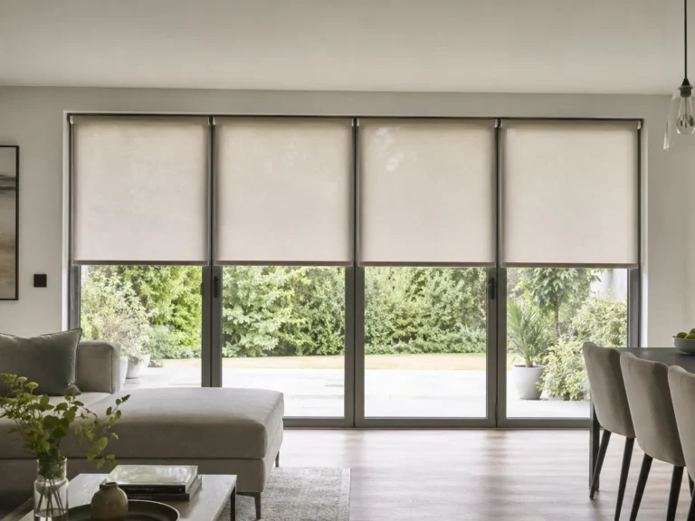 Individual roller blinds fitted across sliding patio-door panels.