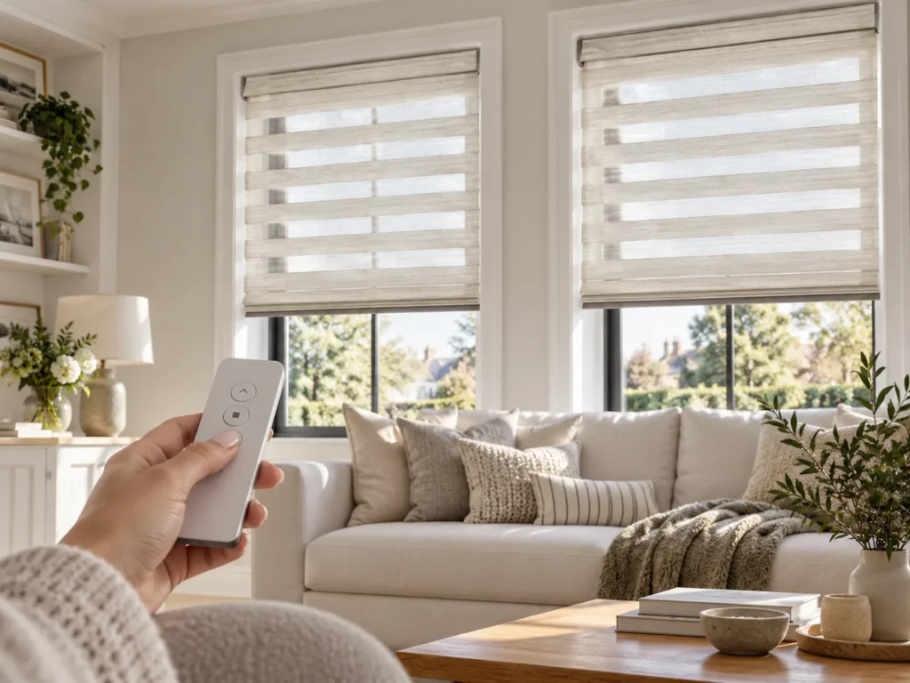 Motorised layered blinds operated by handheld remote control.