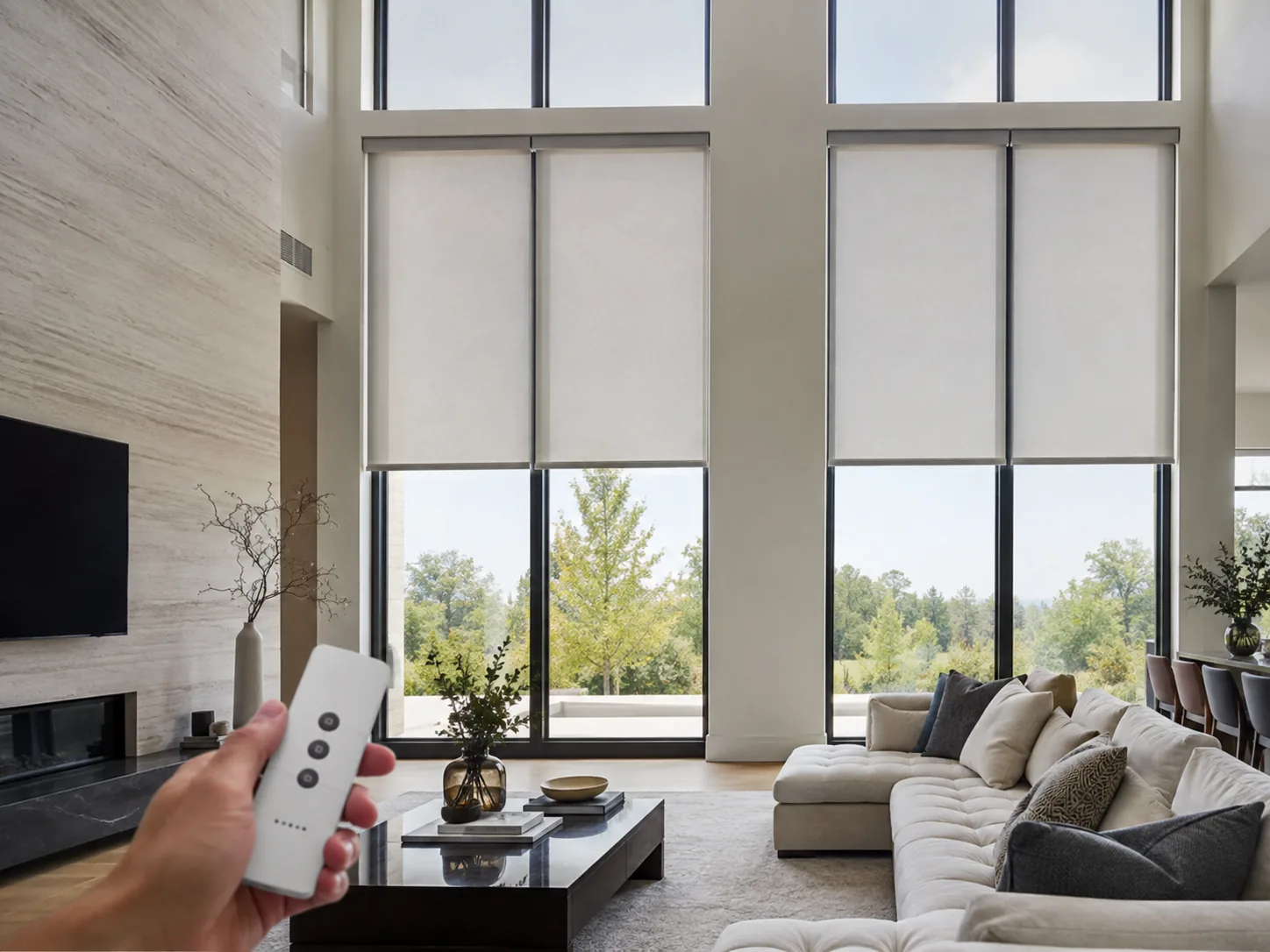 Motorised roller blinds on tall windows with a handheld remote in the foreground.