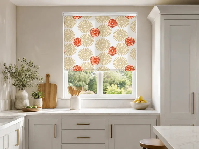 Patterned roller blind fitted above a window in a modern kitchen.