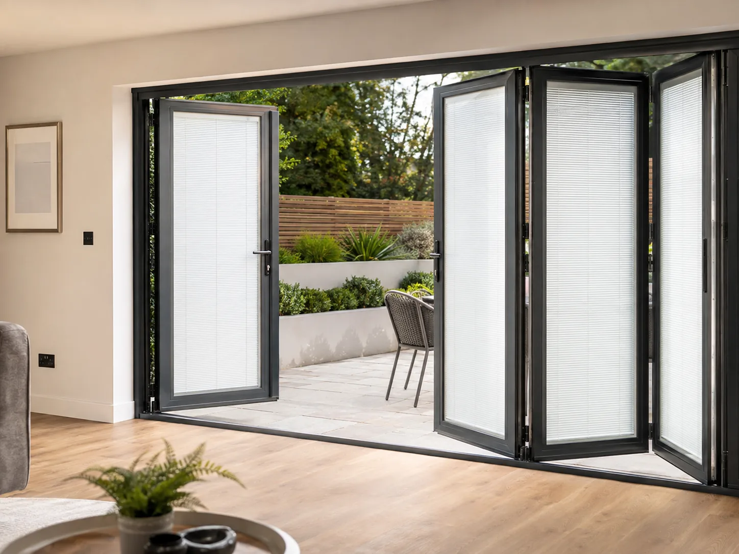 Pleated Perfect Fit blinds fitted to partly opened bi-fold doors.