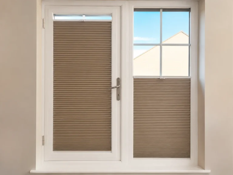 Pleated Perfect Fit blinds integrated within white glazed door frames.
