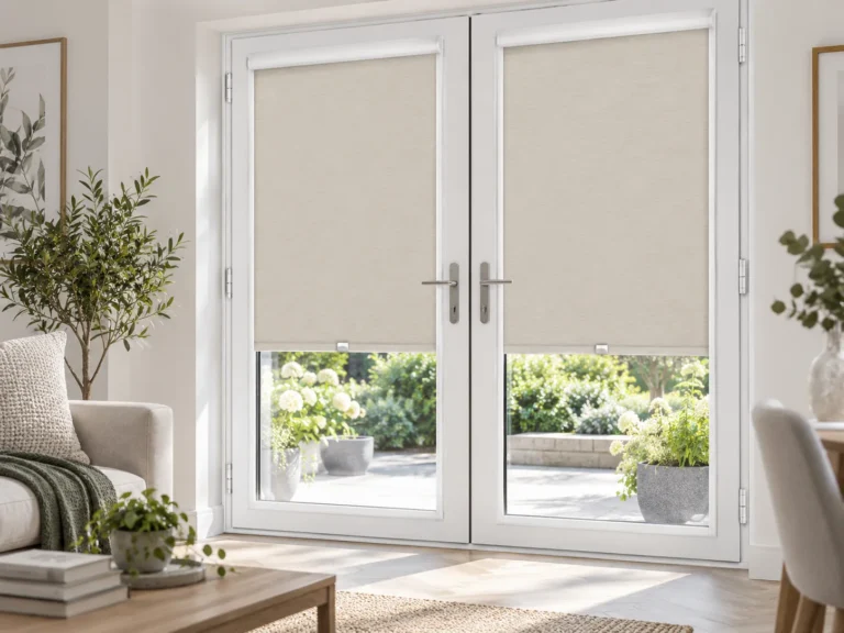 Integrated roller blinds fitted neatly within white French door frames.