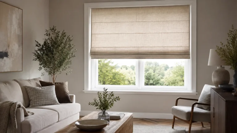 Neutral Roman blind fitted in a warm living room, wide composition.