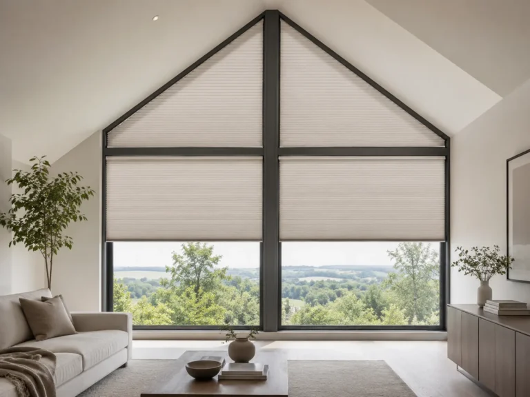 Pleated blinds fitted to a tall gable-shaped window.