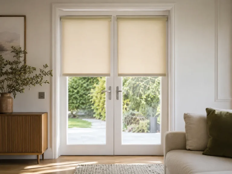 Individual roller blinds fitted to French doors with handle clearance.