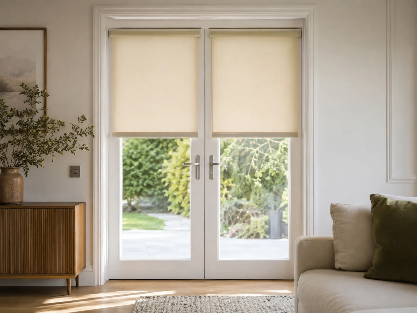 Individual roller blinds fitted to French doors with handle clearance.