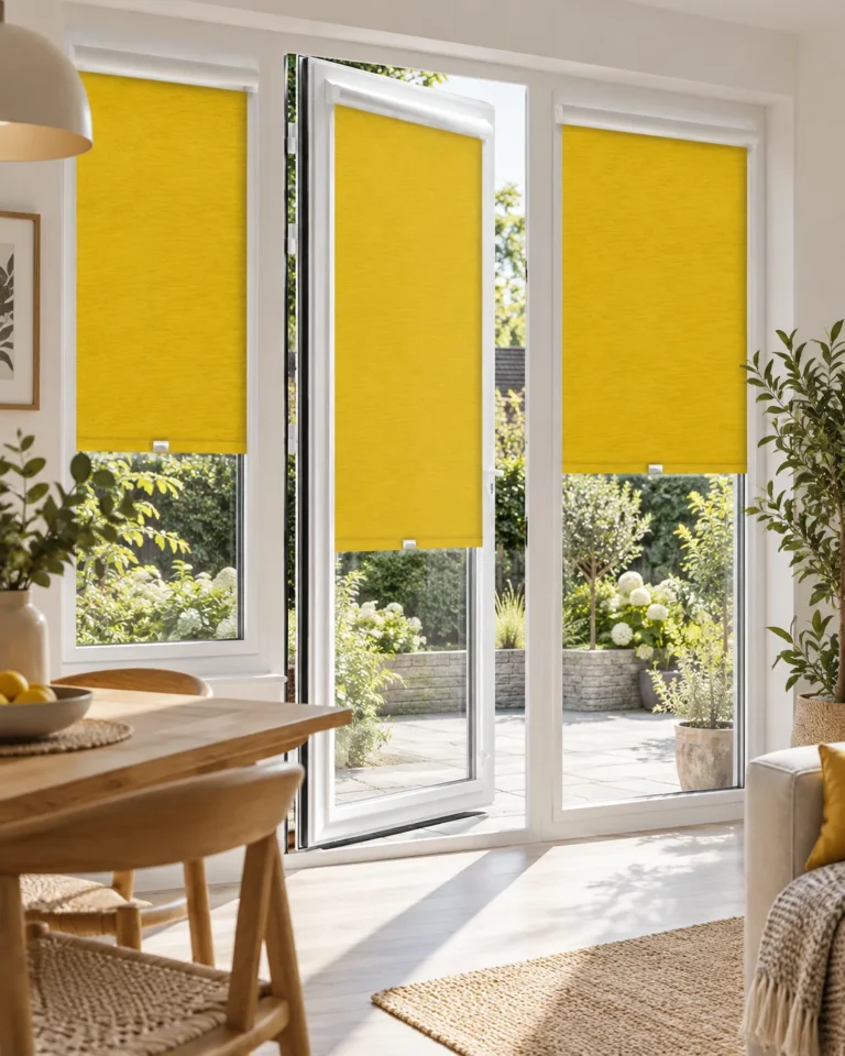 Mustard roller blinds fitted to French doors and side windows in a bright living room.