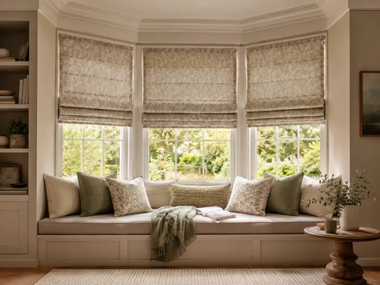 Coordinated light Roman blinds fitted across a bay-window seating nook.