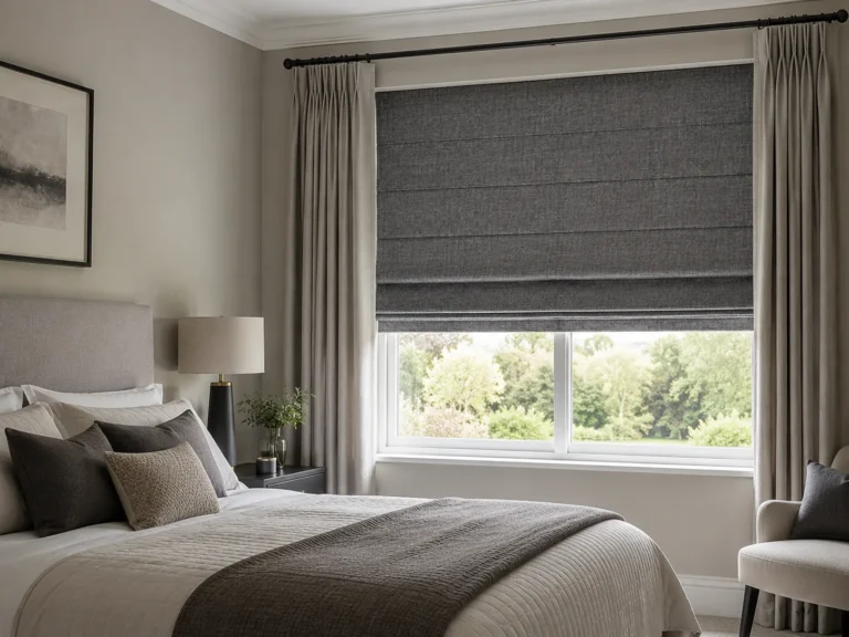 Dark grey Roman blind fitted to a bedroom window with curtains.