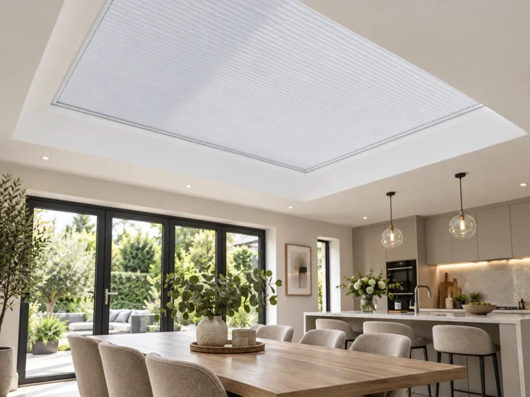 Large pleated roof-lantern blind fitted above a modern kitchen and dining area.