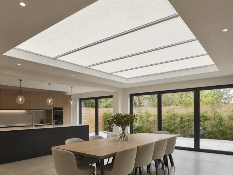 Pleated blind fully extended across a large roof lantern.