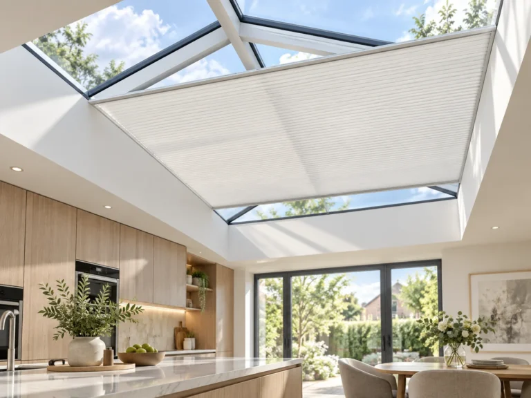 Pleated roof-lantern blind shading a large glazed roof opening above a modern kitchen.