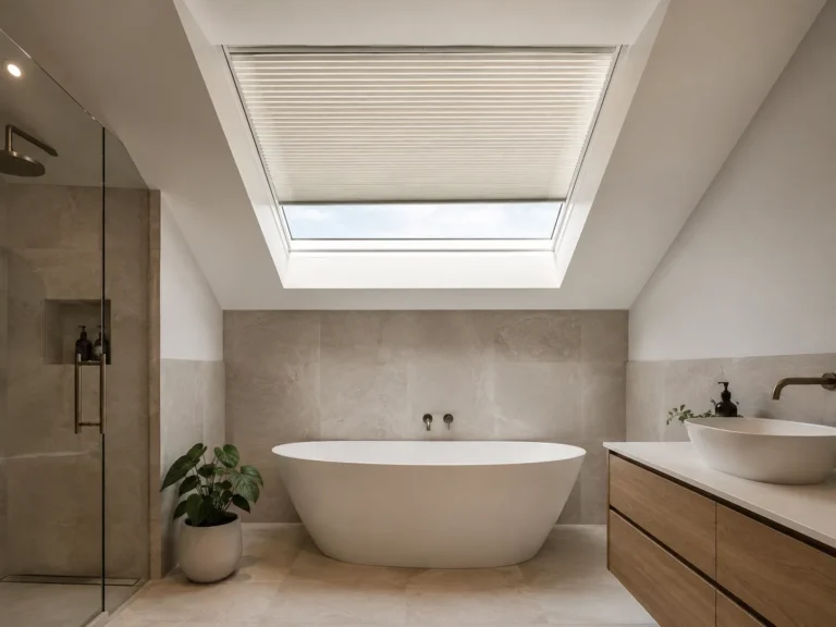 Pleated roof-window blind fitted in a bright modern bathroom.