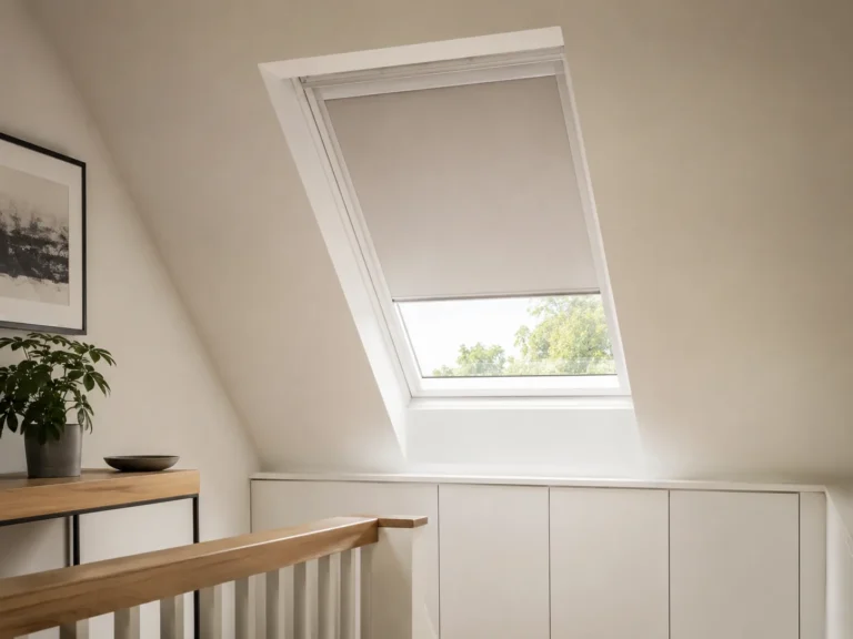Light roof-window blind partly lowered in a modern loft landing.