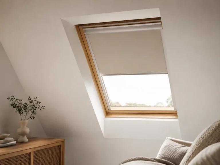 Light roof-window blind fitted in a modern loft room.
