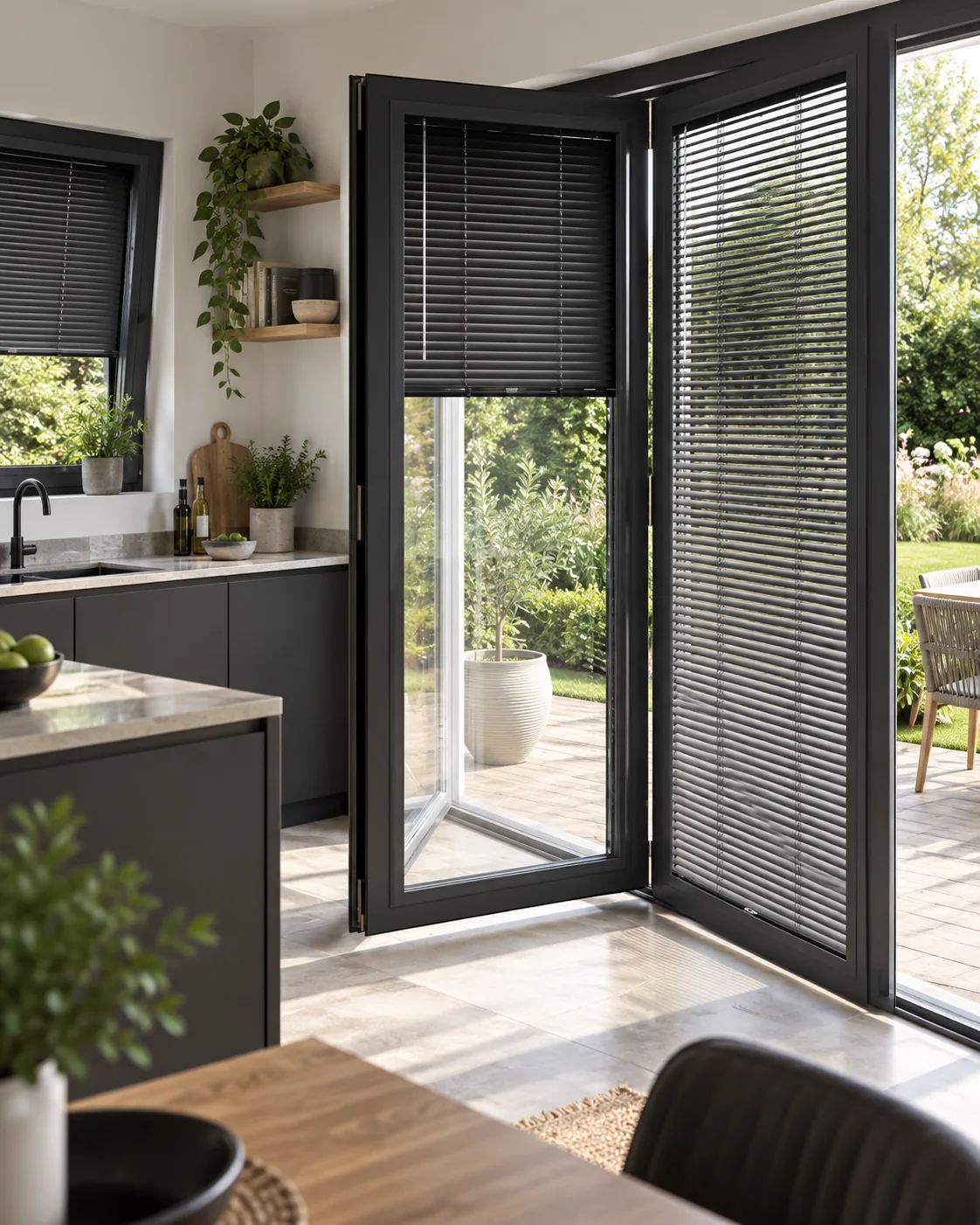 Dark Venetian blinds fitted to open bi-fold doors leading from a kitchen to the garden.