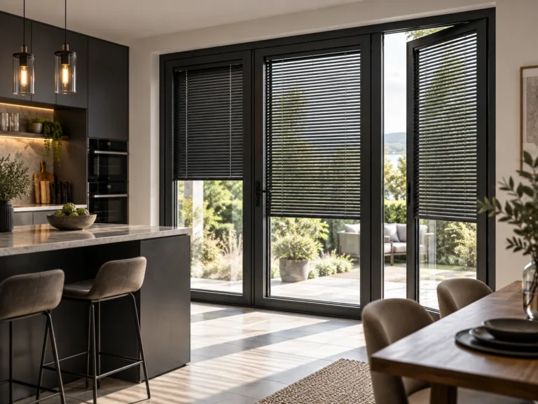 Dark Venetian blinds fitted to black-framed garden doors in a modern kitchen.