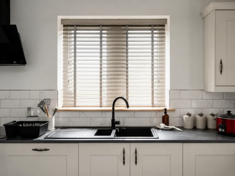 Light Venetian blinds above a black sink in a modern white kitchen.