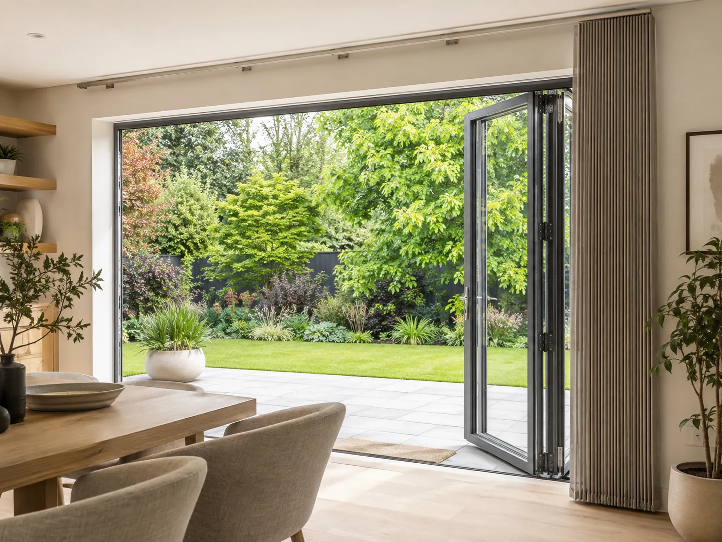Vertical blinds stacked neatly beside open bi-fold doors.