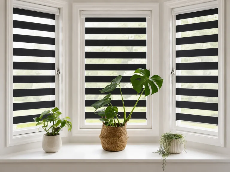 Black Vision blinds across a white bay window with houseplants on the sill.