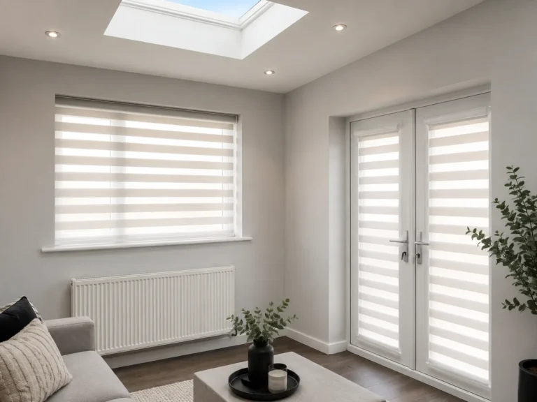 Matching pale Vision blinds fitted to a window and French doors.