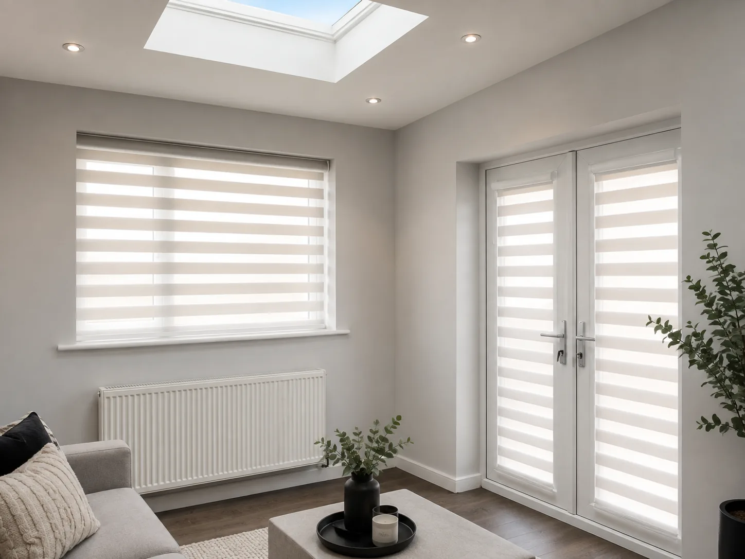 Matching pale Vision blinds fitted to a window and French doors.