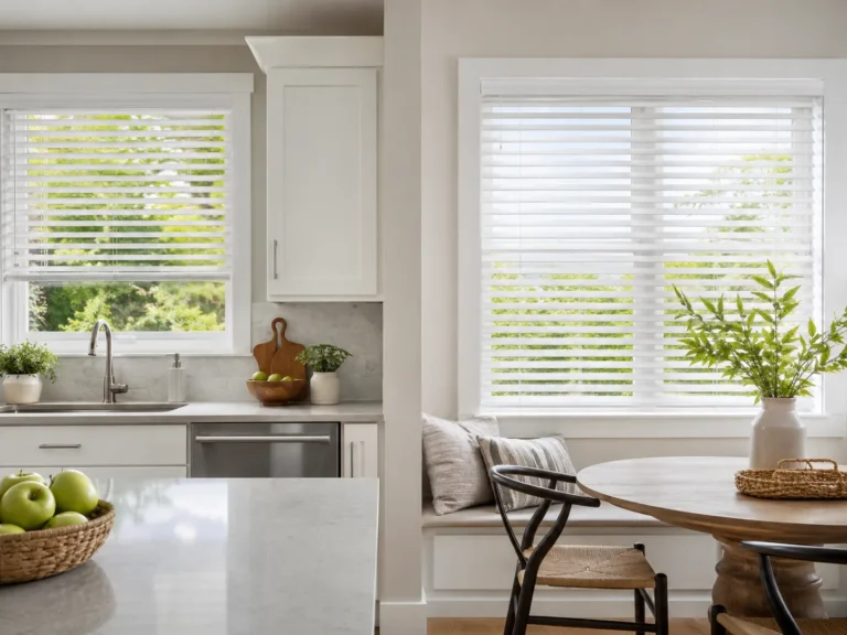 White faux-wood blinds fitted in a bright family kitchen.