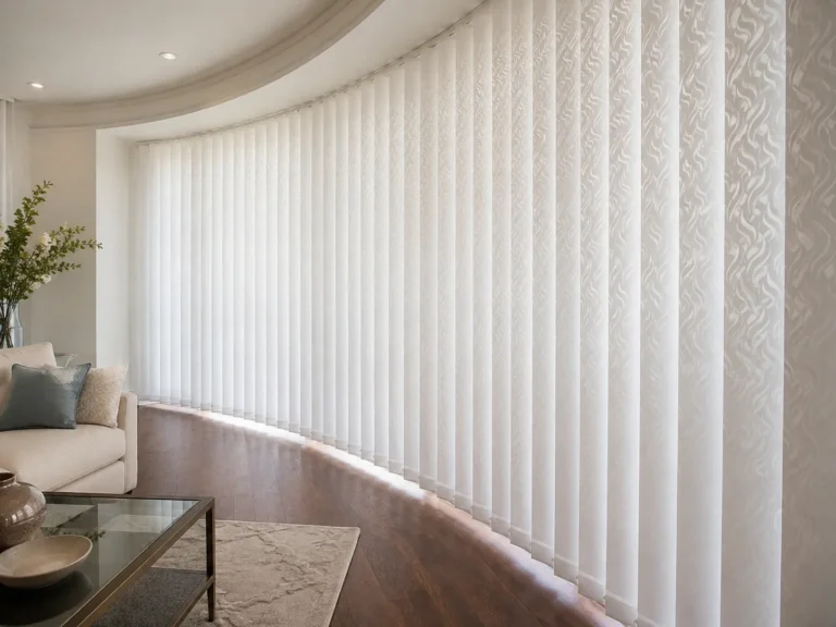 White patterned vertical blinds following a curved bay window.