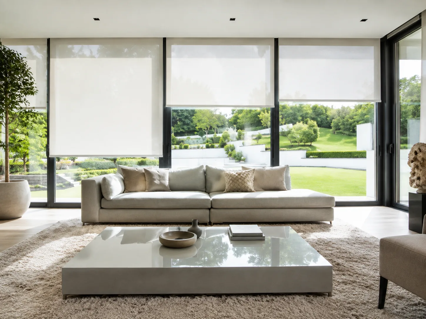 Light roller blinds fitted across large windows in a modern living room.