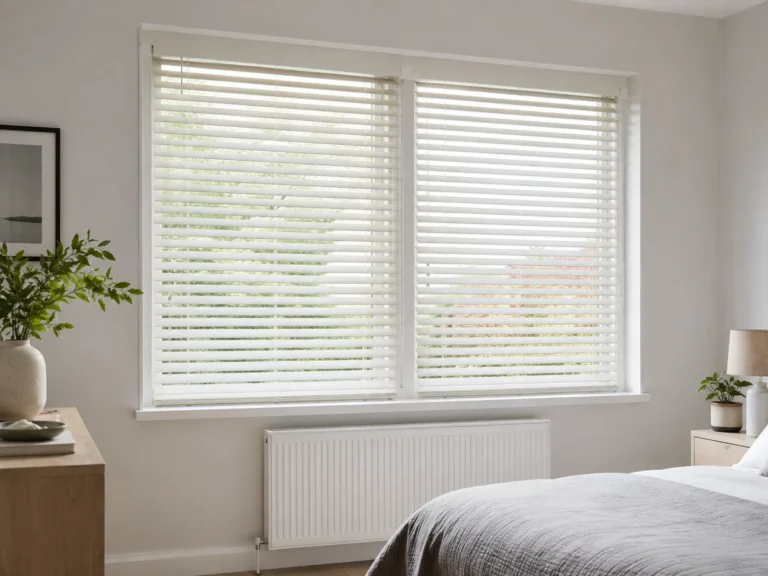 White Venetian blinds fitted across a wide double bedroom window.