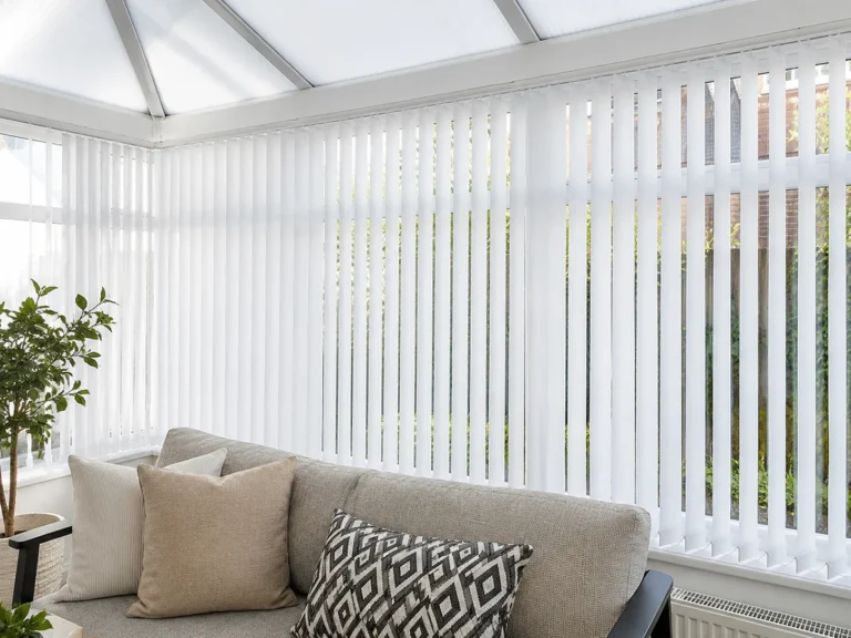 White vertical blinds fitted around the glazing of a bright conservatory.