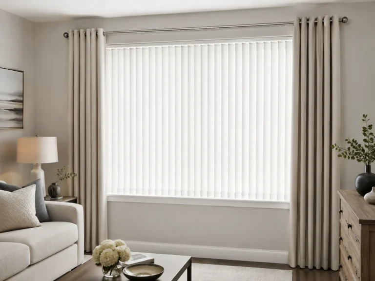 White vertical blinds fitted to a large window in a neutral living room.