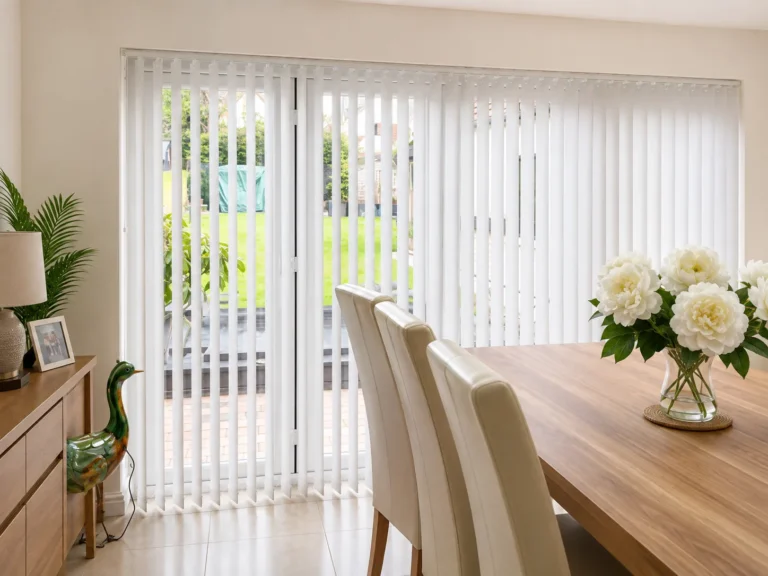 White vertical blinds fitted across patio doors in a bright dining room.