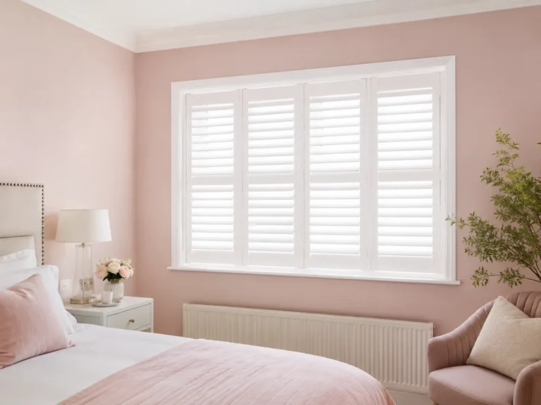 White window shutters fitted in a softly styled bedroom.